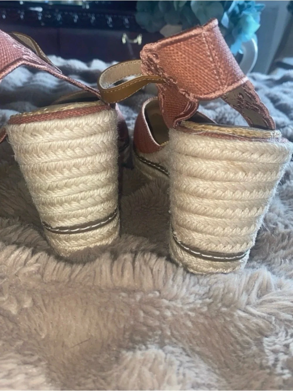 Crown Vintage Coral Pink Espadrille Wedge Sandals with Ankle Strap